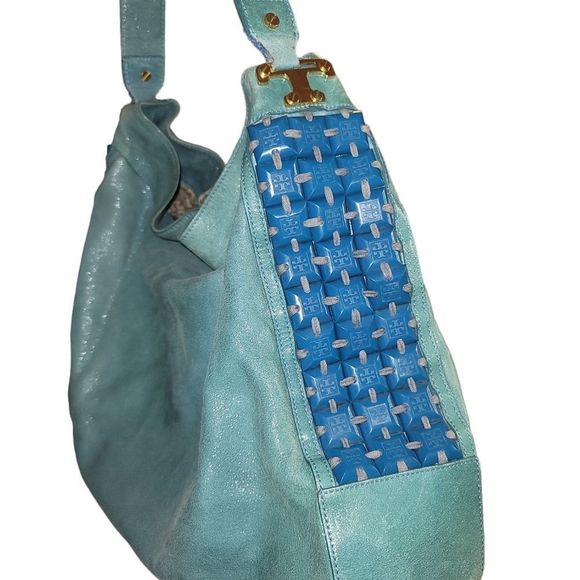 Tory Burch Vintage Green Shimmer Leather Blue Beaded Hobo Shoulder tote bag - Picture 10 of 16